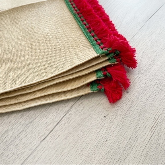 Vintage MCM Burlap Padded Table Runner & Placemats Green Red Tassel Christmas - Picture 2 of 11